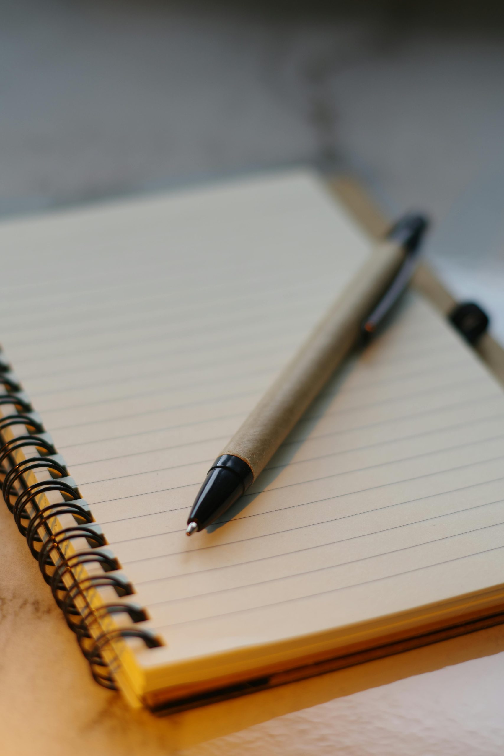 Close-up of a pen on a spiral notebook, perfect for writing or journaling concepts.