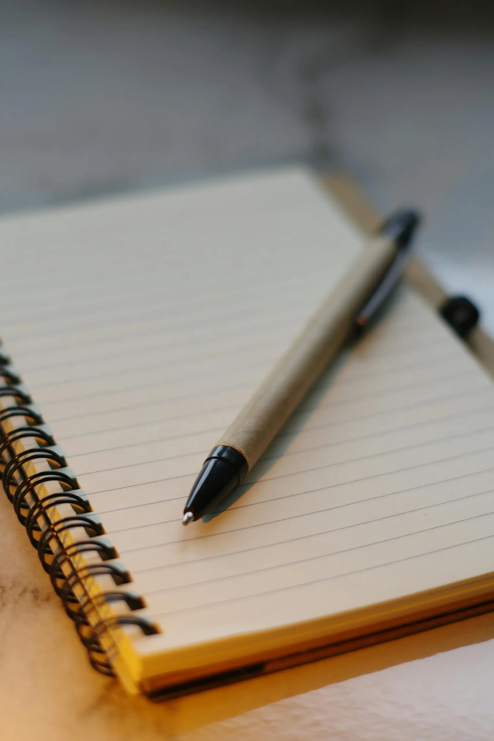 Close-up of a pen on a spiral notebook, perfect for writing or journaling concepts.